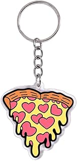 Heart Pizza Slice Keychain – Cute Yellow Cheese with Pink Hearts & Dripping Crust, Clear Acrylic Charm for Keys, Bags, Backpacks – Foodie Love Accessory
