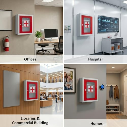 Image of First Aid Kit Box for Home Wall Mounted | GI Steel Medicine Storage Cabinet with Lock & Key | Multi Compartment Emergency Medical Box for Office, School, Clinic & Kitchen (Red & White)