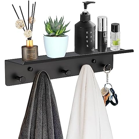 SIMVE Bathroom Towel Rack Wall Mounted, Rustproof Aluminium Shelf with 5 Bath Robe Hook, Decor Display Storage, Hanging Hanger for Hat, Key, Bag Holder Cover