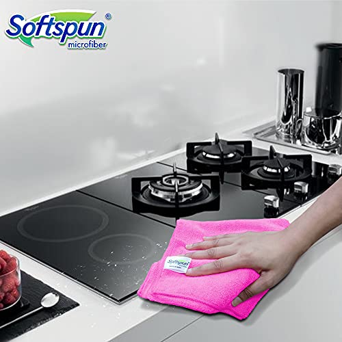 Image of SOFTSPUN Microfiber Cleaning Cloths, 50X50 cms 3pcs Towel Set 340 GSM Pink! Highly Absorbent Lint and Streak Free Multi-Purpose Wash Cloth for Kitchen Car Window Stainless Steel Silverware.