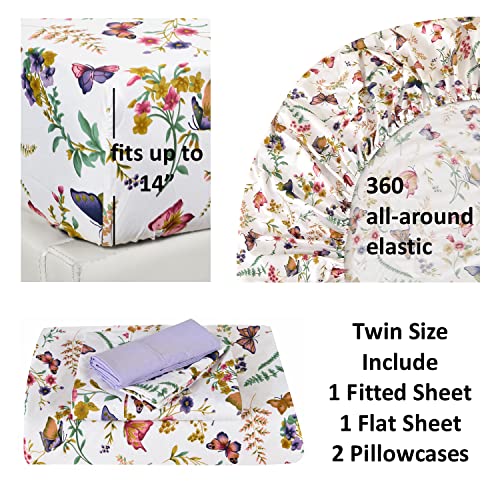 American Home Collection 4 Piece Print Bedding Sheets & Pillowcases Set Brushed Microfiber Wrinkle Free 14 Inches Deep Pocket Floral Patterned Sheets (Twin, Purple Butterfly) #TOP5