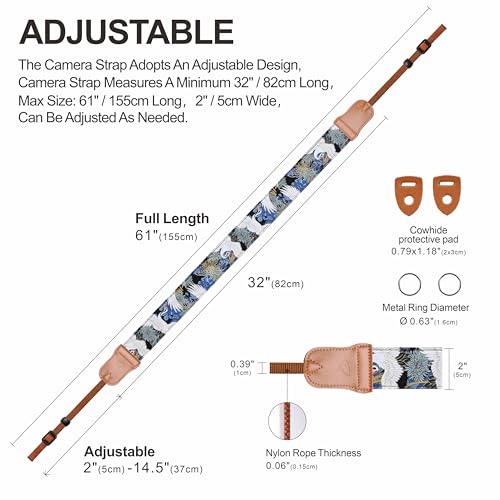 Image of Padwa Lifestyle Blue Crane Camera Strap - 2 inch Cowhide Leather Head Cotton Camera Straps for Photographers,Vintage Japanese Art Print Adjustable Neck & Shoulder Strap for ALL DSLR /SLR Cameras