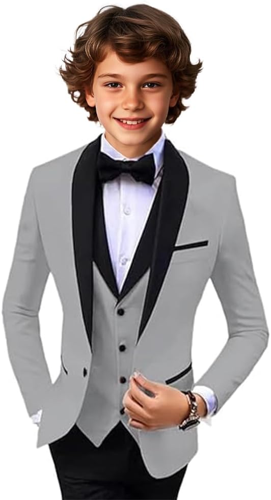Boys 3 Pieces Suit Set Slim Fit Tuxedo Suit Shawl Lapel One Button Blazer Vest Pants Suit Set for Formal Occasion