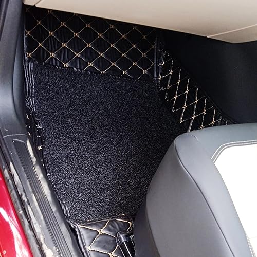 Image of CAPEDELL Premium 7D Car Floor Mats Compatible for Virtus||Luxury Leather Double Layered Mat||Set of 3Pcs||Waterproof and Washable||Color :-Black with Golden(Black Grass)