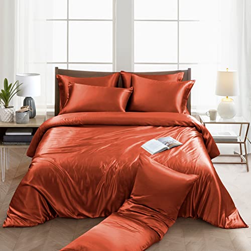Image of Ersmak 6 Pieces Satin Duvet Cover King Size Luxury Silky Bedding Duvet Cover Set with 1 Soft Duvet Cover, 4 King Pillowcases and 1 Body Pillowcase, Rust Orange