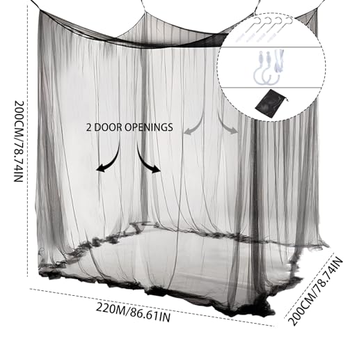 ACTOYS Mückennetz Bett XXL, Moskitonetz Reise Outdoor, Moskitonetz Doppelbett Einzelbett, Betthimmel Rechteckig, Mosquito Net Bed, Himmelbett Vorhänge Terrasse (Schwarz: 2 Türen, 220x200x200cm)