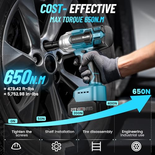 Seesii SE05 Cordless Impact Wrench, Brushless Impact Wrench 1/2 Inch Max Torque 479 Ft-Lbs(650Nm), 3300Rpm W/ 2X 4.0 Battery, 6 Sockets,9 Drill,6 Screws thumb #1