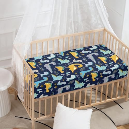 Image of Cute Dinosaurs Baby Crib Sheets for Boys Girls Navy Blue Fitted Crib Sheet for Standard Crib and Toddler Mattress Colorful Baby Mattress Sheets Toddler Bed Sheet 52x28x8 in