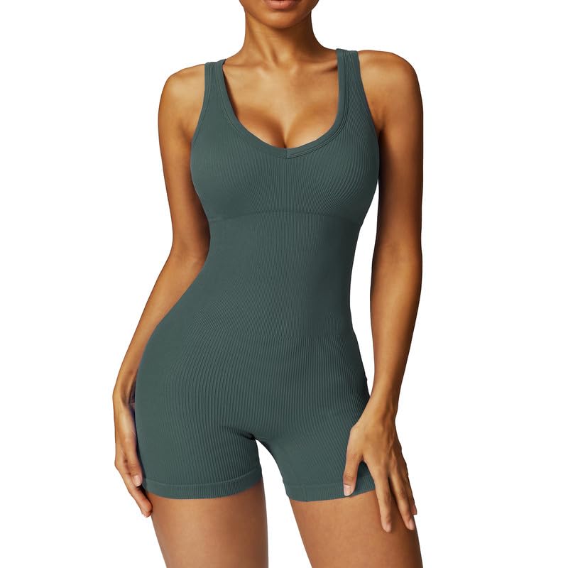 Litthing Mono Yoga Mujer Corto sin Manga Deportivo Jumpsuit con Cuello en U Elásticos Ajustado Bodysuit Una Pieza Mono Deportivo Push Up Fitness Traje Ejercicio Tank Top Monos de Punto Acanalado