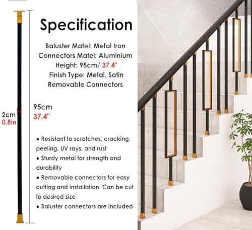 Barandilla de metal para escalera con acabado de lujo negro y dorado de 37,4" 2