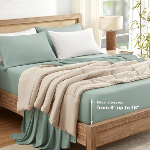 Image of Andency Sage Green King Sheets Set 100% Viscose Derived from Bamboo | Cooling Summer Sheets, Deep Pocket Up to 16 inch, Silky Soft Hotel Luxury Breathable Bedding Sheets & Pillowcases