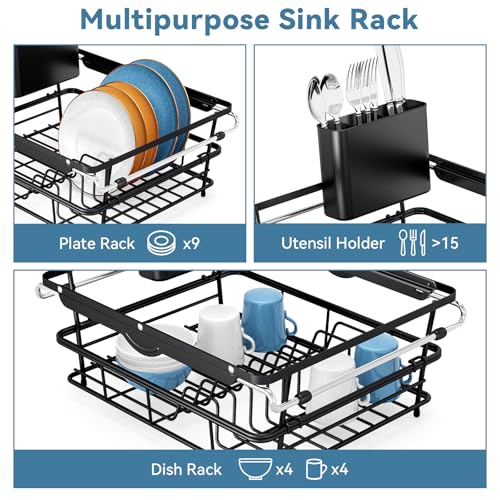 Image of Over the Sink Dish Drying Rack,In Sink Dish Drying Racks,Expandable Dish Rack Over Sink Counter,Adjustable Dish Drainer for Inside Sink with Utensil Holder, Stainless Steel Dish Strainer XLarge Size