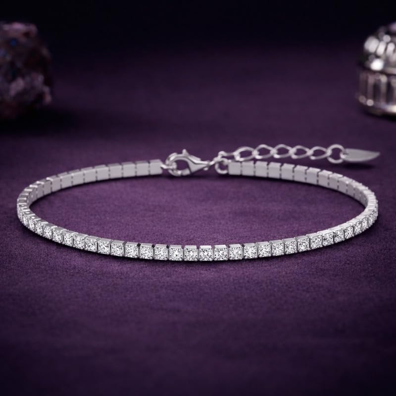 Image of Clara 925 Sterling Silver Slim Tennis Bracelet | Multiple Options|Adjustable, Platinum Plated, Swiss Zirconia 2mm | Gift for Women and Girls