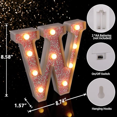 Image of LED Letter Lights Pink Glitter Marquee Letters Light Up Alphabet Letters Sign Battery Powered for Home Party Decoration Night Bar Wedding Birthday Christmas Lamp Girls Gift - Letter W