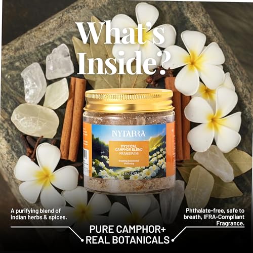 Image of Nytarra Mystical Camphor Blend Gift Box, Frangipani 150g | Ceramic Aroma Diffuser, Pure Kapooram, Tea Light Set Combo | for Meditation, Aromatherapy and Gifting | Kapoor Made with Herbs & Spices