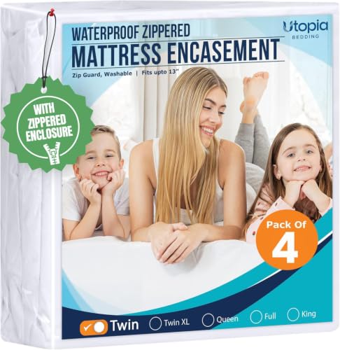 Image of Utopia Bedding Mattress Protector Zippered Twin Size (Pack of 4), 100% Waterproof Bed Bug and Dust Mite Proof Mattress Encasement, Absorbent 6 Sided Mattress Cover