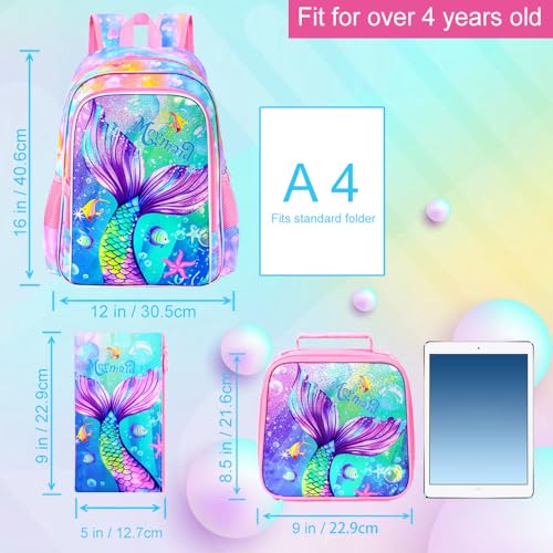 Image of 3Pcs Mermaid Backpack for Girls, 16 inch Kids Bookbag with Lunch Box,School Backpacks for Elementary Preschool Kindergarten (Pink)