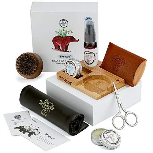 BFWood Beard Set for Men - Beard Oil 30ml, Boar Bristle Beard Brush, Wooden Beard Comb, Mustache Scissor, Beard Balm 30g, Bear Gift Designed