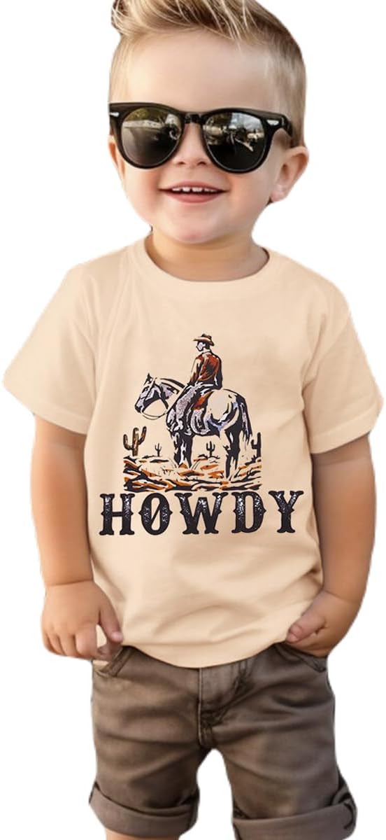 SOFEONToddler Baby Boy Howdy Shirt Rodeo Western Graphic Letter Short Sleeve T-Shirt Kids Funny Cowboy Summer Tee Tops