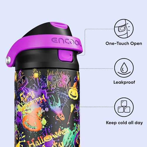Image of Encool SwiftSip Insulated Stainless Steel Water Bottle with Straw - Leak Proof Sports Water Bottle for School, Travel, Keeps Cold All Day, One-Touch Flip Lid, BPA-Free, 24 oz, Ghost Party