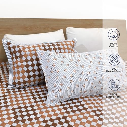 Image of TOAI Hand Block Printed Bedsheet | Bed Spread Flatsheet Bed Sheet | Pure Cotton | Queen Size 90 inchx108 inch | 300 TC Long Staple Cotton | 2 Reversible Pillow Covers |Checks Lines Brown