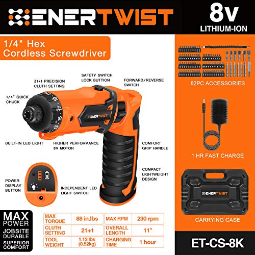 image for ENERTWIST 8V Cordless Electric Screwdriver, 82pcs 10Nm Max Fast Rechar