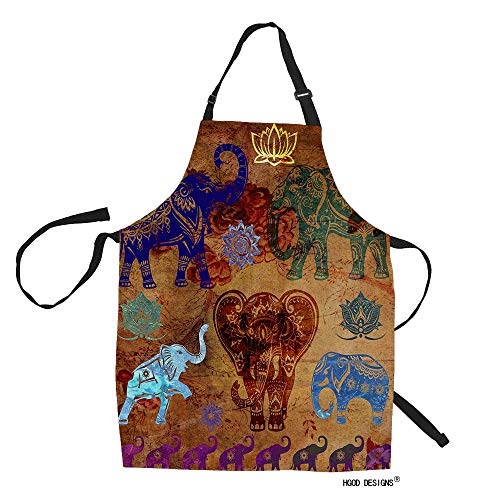 Hgod Designs Elephant Kitchen Apron,Colorful Abstract Elephants And Lotus Graffiti Kitchen Aprons For Women Men For Cooking Gardening Adjustable Home Bibs,Adult Size #TOP12