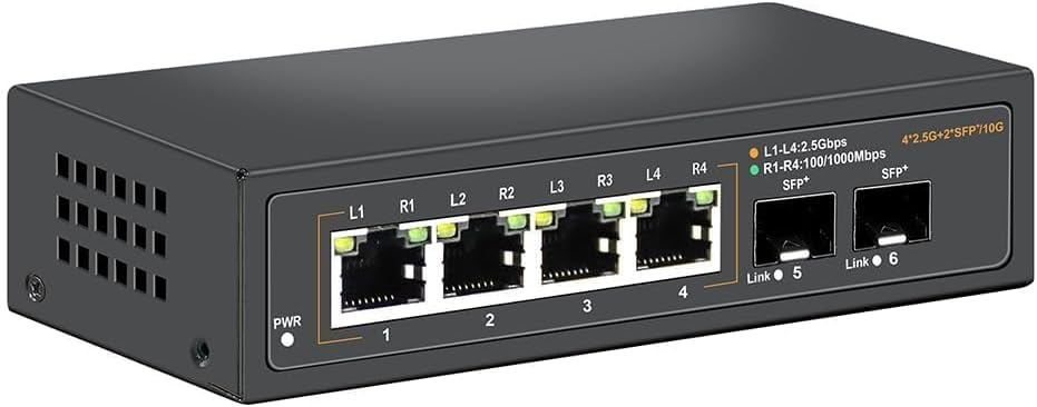 2.5G Unmanaged Ethernet Switch with 4 x 2.5G Base-T Ports and 2 x 10G SFP Uplink Port, Compatible with 100/1000/2500Mbps, Fanlesss Design, Plug & Play, Metal 2.5Gb Network Switch 2.5G Unmanaged Ethernet Switch with 4 x 2.5G Base-T Ports and 2 x 10G SFP Uplink Port, Compatible with 100/1000/2500Mbps, Fanlesss Design, Plug & Play, Metal 2.5Gb Network Switch