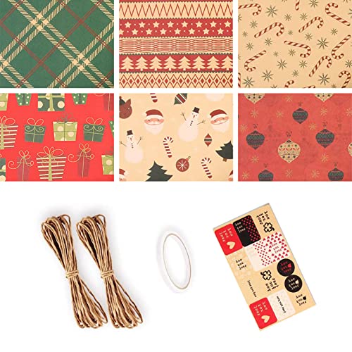 Papel de Envolver Kraft para Navidad,6 Hojas de Papel de Envolver Reciclable con Cuerdas de Yute, Pegatinas y Etiquetas,50x70cm Papel de Envolver para Navidad, Cumpleaños Cover