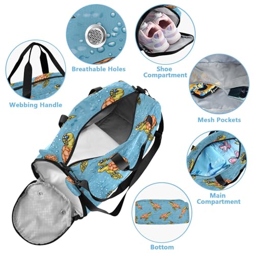 Turtle Bubble Blue Kids Travel Duffel Bag for Boys Girls Overnight Weekend Tote Bag with Shoes Compartment for Trip Beach Gym4