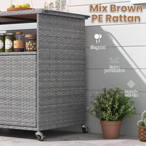 Image of Tangkula Rattan Outdoor Storage Cabinet with 4 Wheels (Mix Grey)