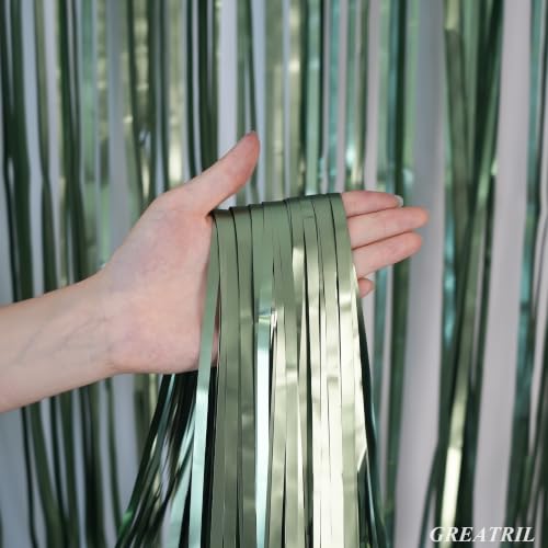 Image of Sage Green Foil Fringe Streamers - GREATRIL Shiny Tinsel Curtain Backdrop for Boho Baby Shower /Birthday /Bridal Party Decorations 8.2ft x 3.2ft 2 PCS