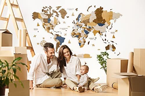 3D Wooden World Map Wall Art | Home & Office Wall decor | Travel Map with Pins FREE | EN Languages, 6 color options, 3 Sizes | AMX Home (M , AMERICANO)