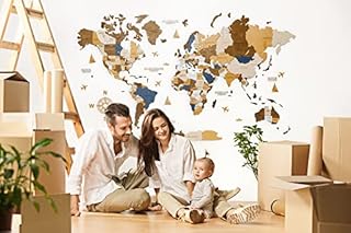 3D Wooden World Map Wall Art | Home & Office Wall decor | Travel Map with Pins FREE | EN Languages, 6 color options, 3 Sizes | AMX Home (M , AMERICANO)