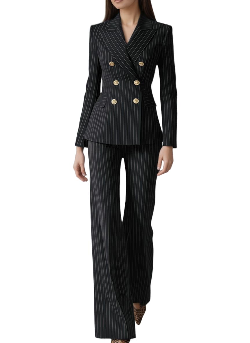 2 Piece Pinstripe Pant Suit for Women Double Breasted Womens Suiting Business Office Outfits Lady Work Suit Set