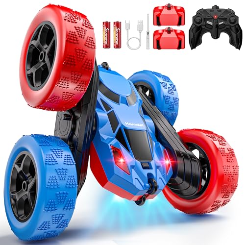 Image of Hamdol STEM Remote Control Car for Kids, 360 Spinning Double-Sided Coloured Design RC Stunt Car with LED Lights, USB-C Rechargeable Educational Toy for Boys Ages 6-12, Ideal Birthday