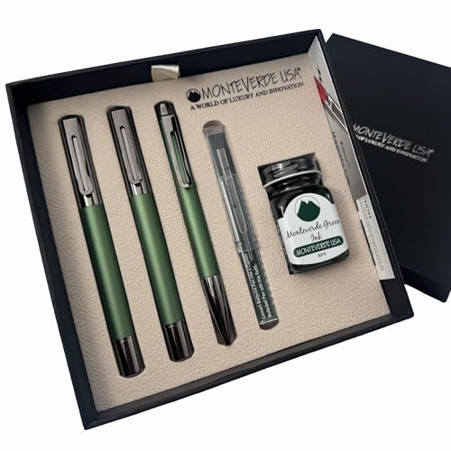 Monteverde Ritma 3+2 Piece Gift Set, Green - Includes Broad Nib Fountain Pen, Rollerball, Ballpoint, 30ml Ink & Refill - Premium Writing Set for Collectors & Professionals