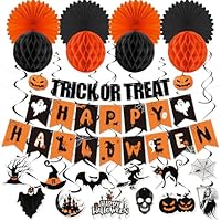 Halloween Party Decorations, Reusable Happy Halloween Decorations Indoor Outdoor Sign Banner Honeycomb Ball Paper Fans Pumpkin Bat Hanging Swirls