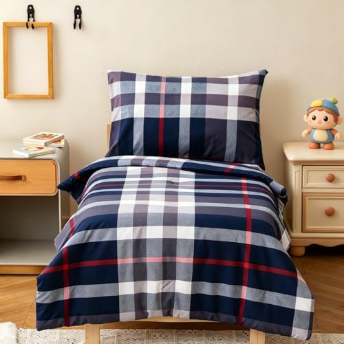 Image of CLOTHKNOW 4Pieces Blue Plaid Toddler Bedding Sets for Boys Girls Kids | Soft, All Season, Kids Comforter, Tartan Grid Comforter Sets, Checker Bedding Sets, Crib Bed Sets