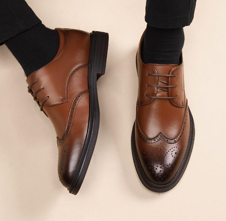 Men Black Dress Shoes Lace-up Block Mid-Heel Leather Shoes Classic Formal Tuxedo Derby Shoes(8.5)2