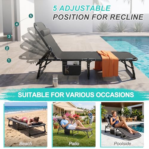 Image of ABORON Patio Lounge Chair, Folding Adjustable Chaise Chair, Max 450LB Load | 5-Gear Adjustable, Zero-Assemble, 75in Length, With Cotton Pad, Side Pocket, for Home, Garden, Beach, Office, Camping