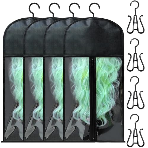 Hair Extension Holder, Wig Stand, 4 PCS Wig Storage Bags with Hooks, Portable Dust-proof Hair Accessory Storage for Hair Extension Clips Hair Bundles Wigs (Black)