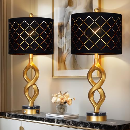 Cinyirong 30 Black and Gold Table Lamps Set of 2 for Bedroom Modern Touch Control Bedside Lamps for Living Room 3-Way Dimmable Sculptural Resin Nightstand Lamps with USB A+C Ports and 2 LED Bulbs