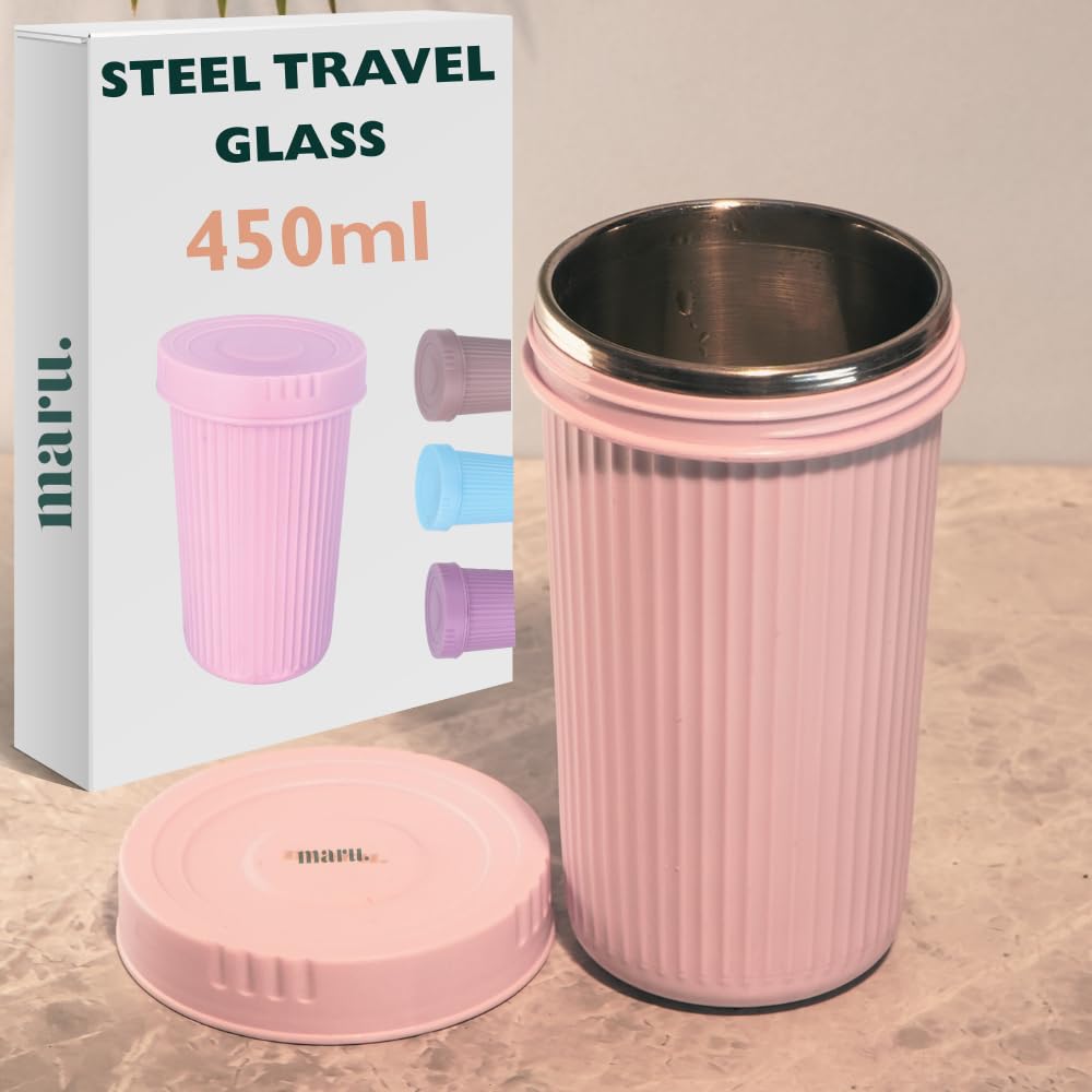 MARU Steel Tumbler with Lid Without Straw 450ml, Small Leakproof Non Insulated Bottle for Travel, Mini Glass for Kids/Adults Ideal Cup for School/Office, Juice, Water, Milk, Buttermilk, Smoothie, Tea-image-24