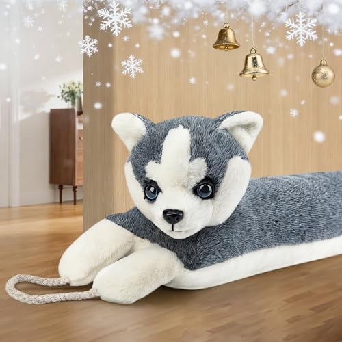 MAGZO Under Door Draft Stopper 36 Inch, Weighted Animal Noise Blocker for Door, Huskey Dog Draft Guard with Hook Loops