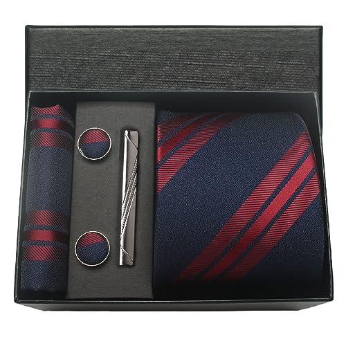 Image of Striped Plaid Polka Dot Mens Tie Formal Necktie Pocket Squares Ties Clips Cufflinks Classic for Men Set