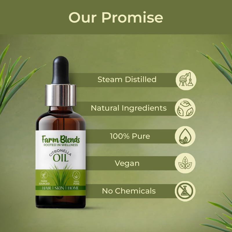 Image of Farm Blends Citronella Essential Oil | 100% Undiluted Pure | Natural Mosquito Repellent, Anti Acne, Anti Dandruff, Removes Bad Odor, Diffuser | Farm To Home | Cymbopogon winterianus | 10ML + 10ML (Pack of 2)