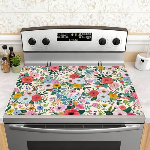 Image of Watercolor Flowers Stove Top Cover for Electric Stove, Flowers Rubber Stove top Cover, Heat Resistant Glass Cooktop Cover, Flat RV Range Protector Dish Drying Mat, Kitchen Farmhouse Decor, 28 inchx20 inch