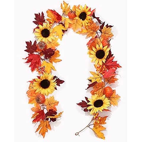 Peoxio 6 Ft Fake Fall Maple Leaf Berries Sunflower Pumpkin Garland Hanging Vine Artificial Autumn Decoration for Wedding Party Dinner Door Frame Backdrop Decor (Maple Leaf Pumpkin)¡­ Cover