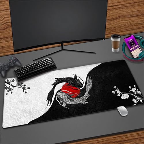 Yoonqun Tapis de Souris Gaming XXL 1000x500x2mm,Surface Améliore Vitesse et la précision,Base en Caoutchouc Antidérapant Surface,sous-Main Bureau Souris et Clavier Poisson Fleuri Noir et Blanc